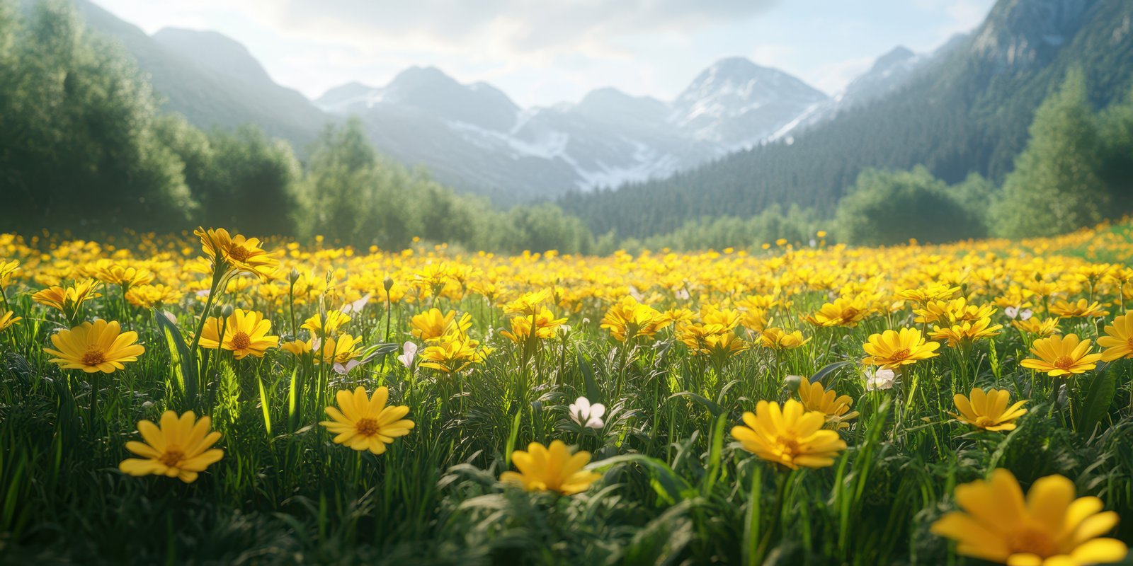 Vibrant yellow wildflowers bloom in a lush green meadow set against a majestic mountain landscape in springtime